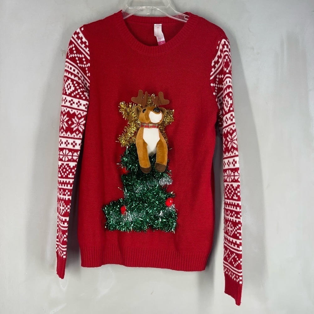 WOMENS No Boundaries Reindeer Doll Ugly Christmas SWEATER Medium M 7 9